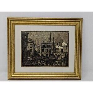 LIONEL BARRYMORE Little Boatyard Venice Gold Foil 8x10 Wood Frame Matted